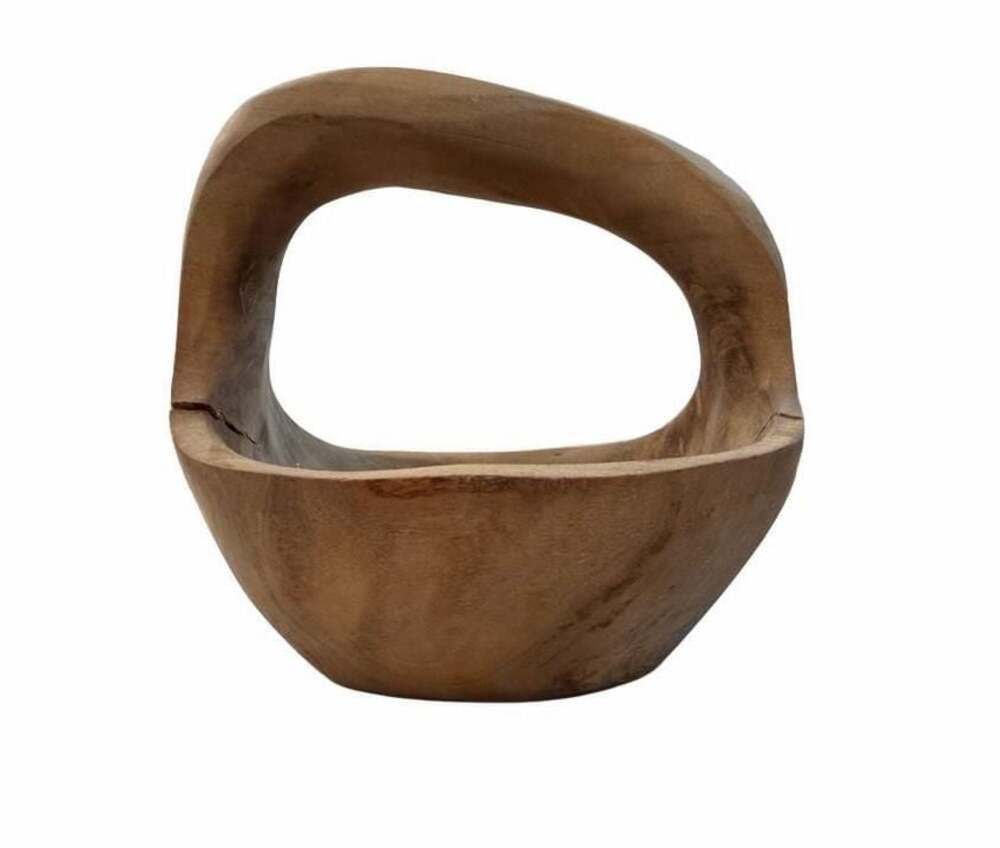 Hand Carved Teak Wood Basket with Handle